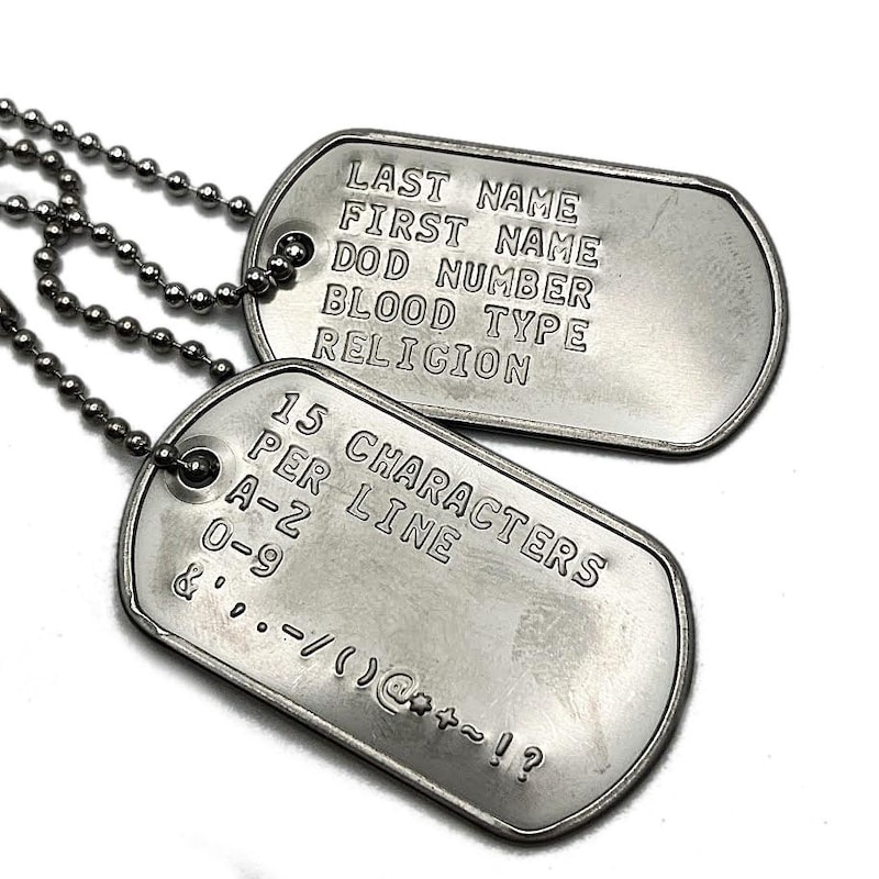 Military ID Dog Tags / Stainless Steel / Personalized Custom Embossed / Army Navy Marines / Silencers Chains