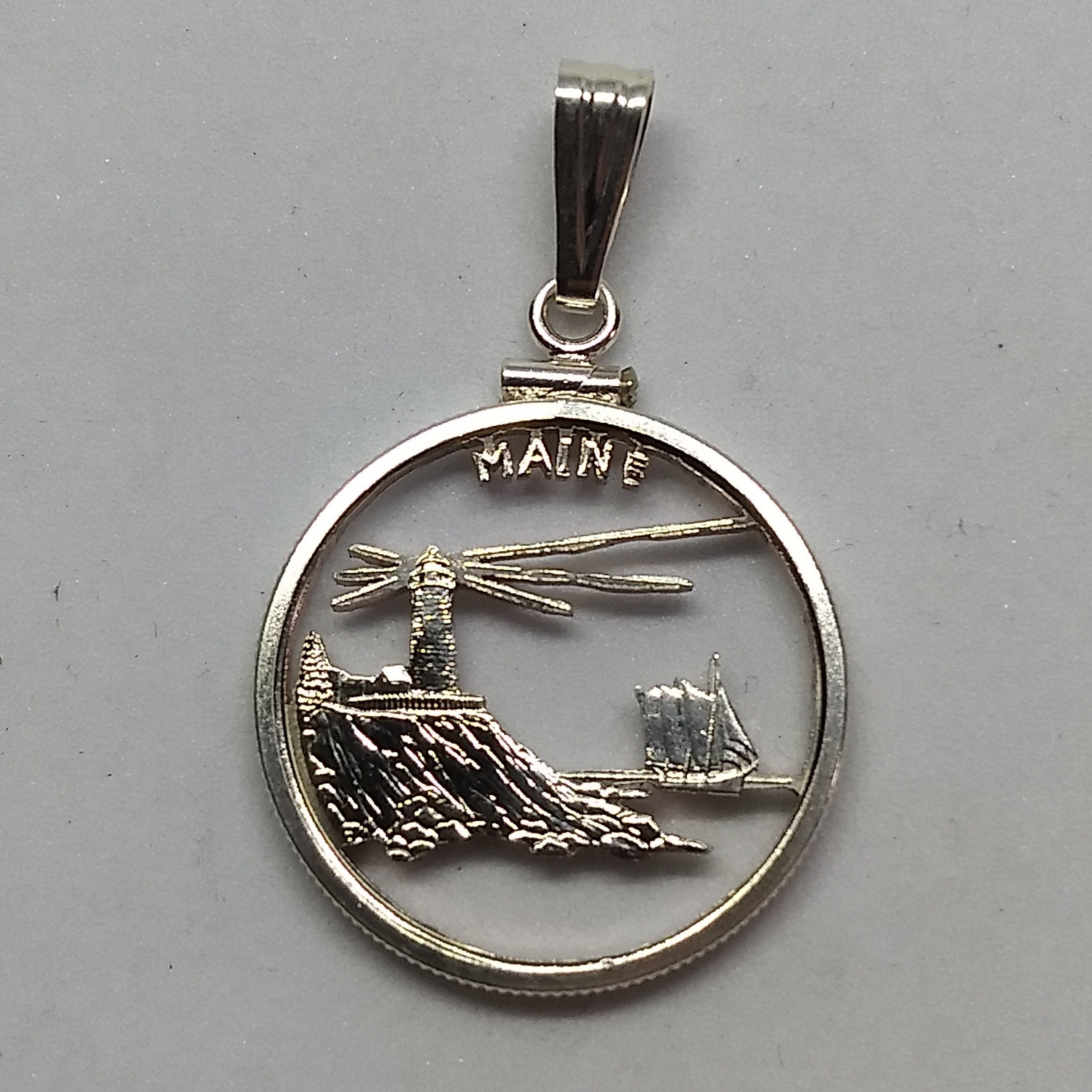Maine State Quarter Hand Cut Lighthouse Pendant & Necklace Maine State Quarter Hand Cut Lighthouse Pendant & Necklace