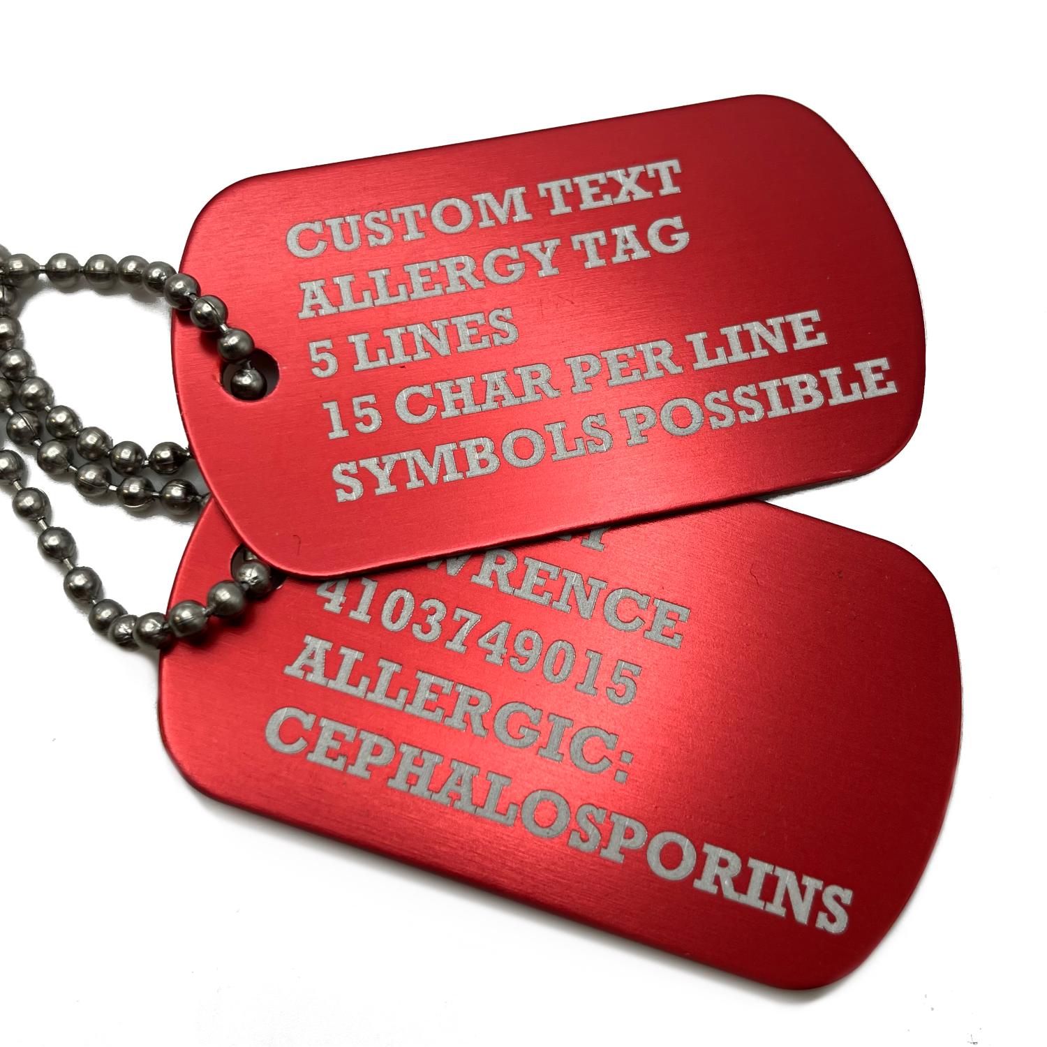 Military ID Medical Allergy Dog Tags / Aluminum / Personalized