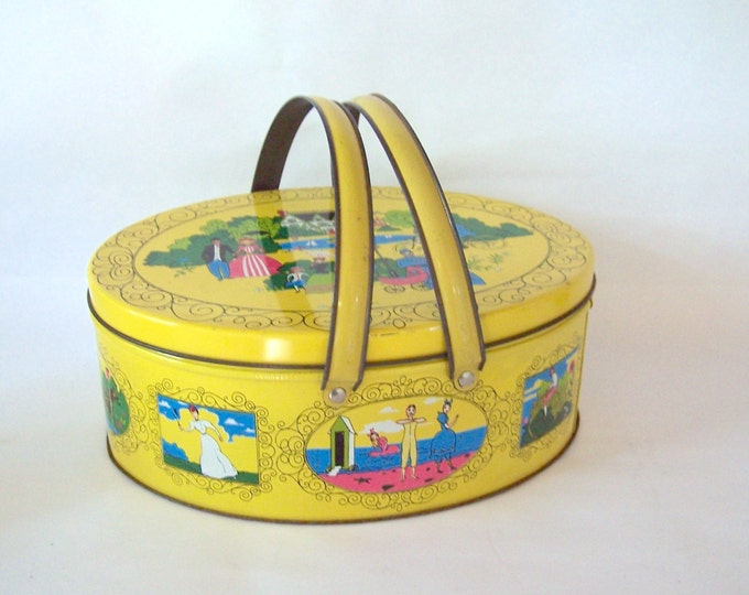 Vintage Tin Basket Yellow Picnic Basket, Lunch Pail, Sewing Basket
