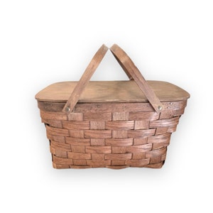 Vintage Oak & Ash Picnic Basket, Vintage Small Split Oak Weave Picnic Basket, Bent Wood Handle, Basketville, Putney Vermont