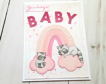 Raccoon Baby Shower Card for Baby Girl, Expecting Mom Baby Card for Shower, Baby Girls Congrats Card, Congratulations Card for Baby