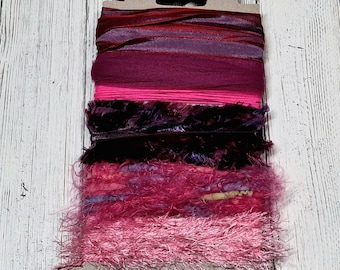 Mixed Fiber Pack for Junk Journals, Tag Toppers, Pink and Purple Fibers for Tags, Mixed Media Supplies for Journaling, Pink Yarn and Trim