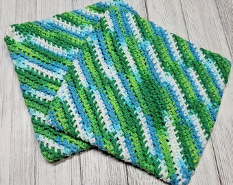 Handmade Crochet Pot Holders, Set of 2, 100% Cotton, Blue, Green, and White, Easter Gift for Mom, Best Friend Birthday Gift for Her