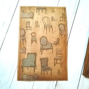 May include: A vintage-style paper with a repeating pattern of various chairs and couches in brown and black ink on a beige background.