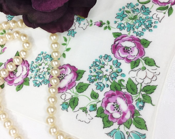 Beautiful Purple Floral Ladies Handkerchief, Something Old, Victorian Boudoir, Ladies Hanky, Party Favor, Tea Time, Vintage Wedding #A24