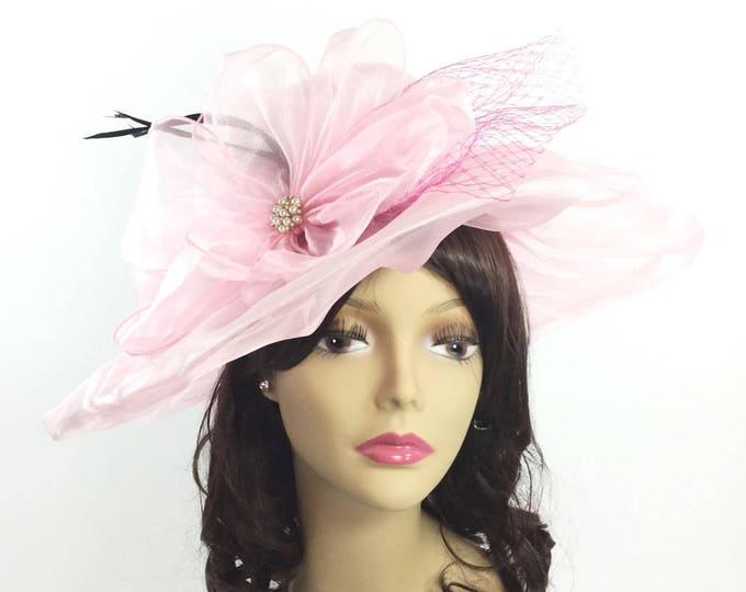 Sheer Pink Tea Party Hat, Feathered Dress Up Accessory, Summer Occasion Wear #A767