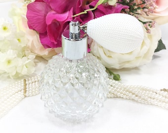 Clear Cut Glass Perfume Atomizer, White Boudoir Vanity Decor #B330