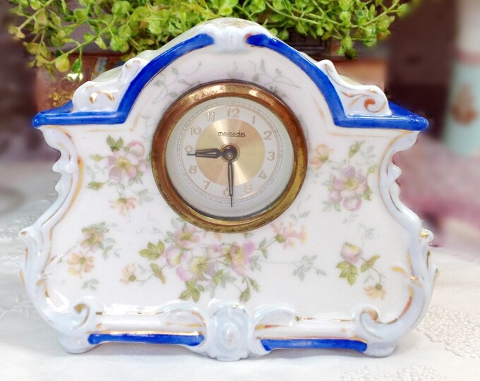 Vintage Blue Floral Victorian Style Mercedes Boudoir Mantel Porcelain Wind Up Clock Shabby Chic Home Decor, Prop, Wedding Gift #403