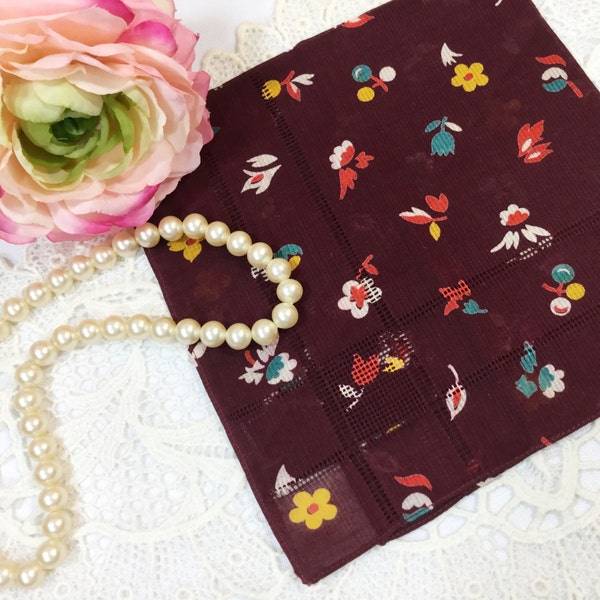 Burnt Maroon Square Floral Ladies Square Handkerchief, Victorian Boudoir, Hanky, Valentine's, Shabby Chic, Vanity, Tea Time #797