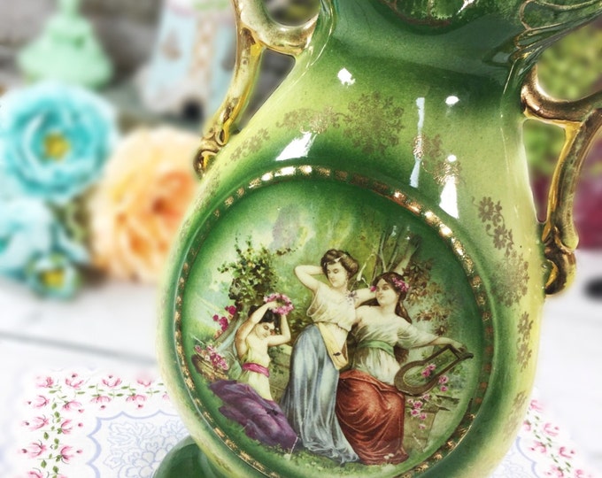 Antique Green Floral 3 Graces Opulant Portrait Vase #430