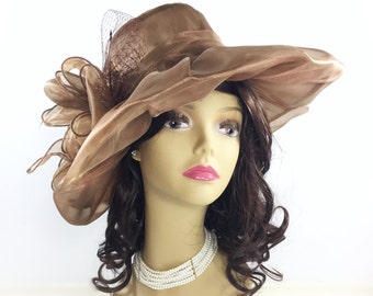 Brown Organza Tea Party Hat, Sheer Summer Wedding Headpiece #A701