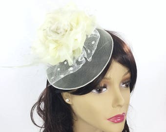 Beautiful Beige Flowered Feather Fascinator, Beige Flowered Pillbox Hat, Tea Party Hat, Sinamay For Weddings, Bridal Showers, Tea time #A769