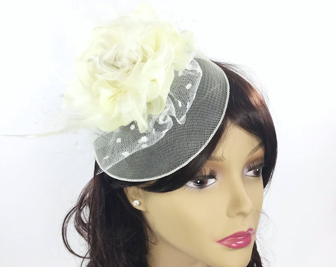 Beautiful Beige Flowered Feather Fascinator, Beige Flowered Pillbox Hat, Tea Party Hat, Sinamay For Weddings, Bridal Showers, Tea time #A769