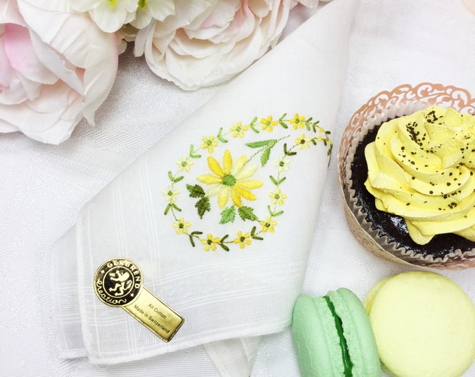 Yellow Floral Embroidered Ladies Linen Handkerchief, Something Old, Victorian Boudoir, Ladies Hanky, Tea Time, Vintage Wedding #A50