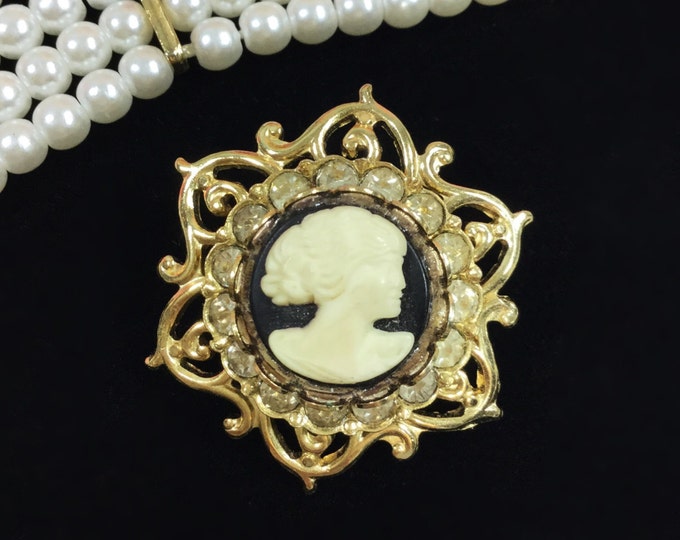 Vintage Black Cameo Brooch with Rhinestones, Victorian Style Pin #A13