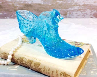 Vintage Fenton Aqua Blue Glass Slipper, Panther Cat Head #374