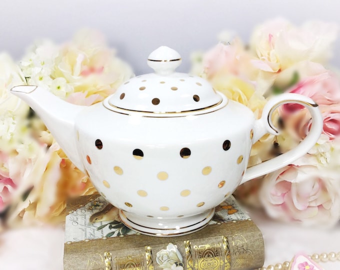 Gold Polka Dot Porcelain Teapot for Tea Set, Tea Party, Wedding. Grace's Teaware Porcelain China #A106