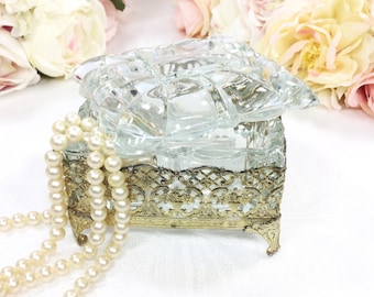 Vintage Gold Filigree Glass Trinket Box, Vanity Dresser Box, Victorian Decor #A560