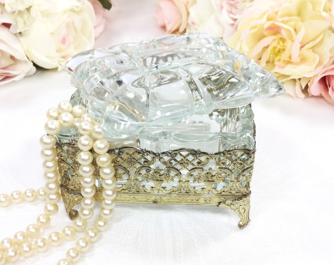 Vintage Gold Filigree Glass Trinket Box, Vanity Dresser Box, Victorian Decor #A560
