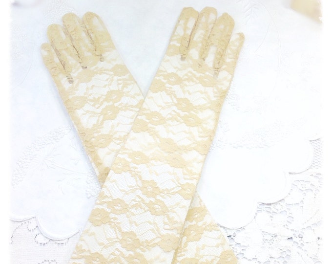 ELBOW Length Ladies Beige Lace Gloves Perfect for Wedding, Lace Elbow Gloves for Tea Party, Showers, Prop, Bridesmaid Gift #A882