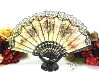 Orange Yellow Floral Black Spanish Lace Floral Folding Fan #A367