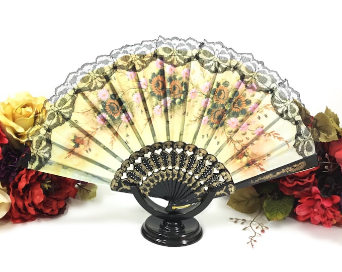 Orange Yellow Floral Black Spanish Lace Floral Folding Fan #A367