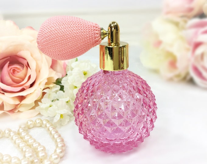 Pink Diamond Cut Perfume Atomizer, Vintage Vanity Decor, Hollywood Regency Boudoir #A618