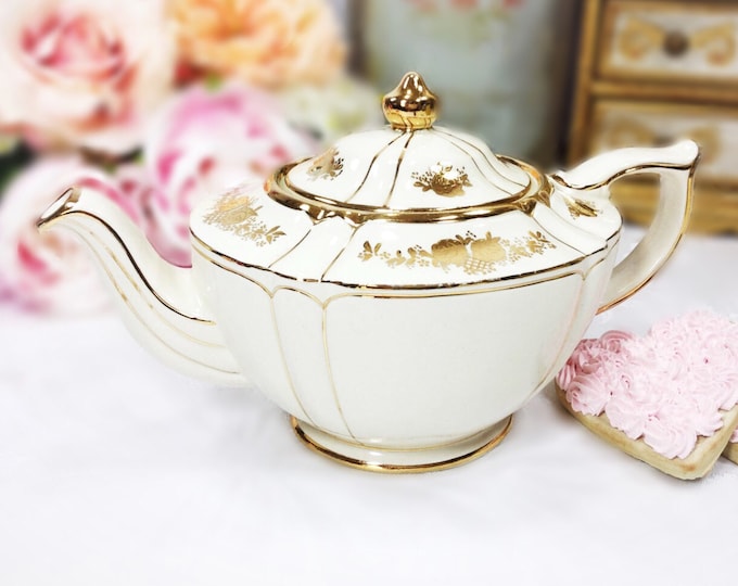 Biege Sadler Gold Floral Teapot Made in England # 1992 For Tea Party, Wedding, Shower, Anniversary, English Teapot #A70