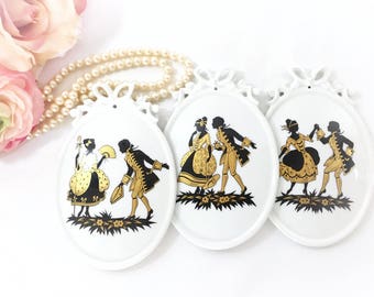 3 German Porzellan Silhouette Wall Plaques, Bavairan Victorian Couple Silhouettes, Courting Couple Romantic Portrait Cameo Plaques #A901