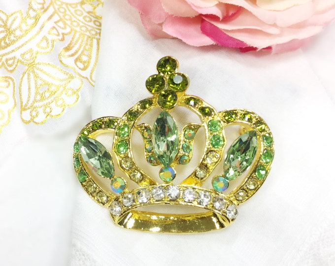 Green Rhinestone Royal Crown Brooch Pin, Regal Accessory #A622