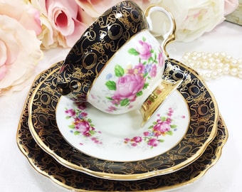 Imperial English Fine Bone China Tea Trio, Black Floral 22kt Gold #A93
