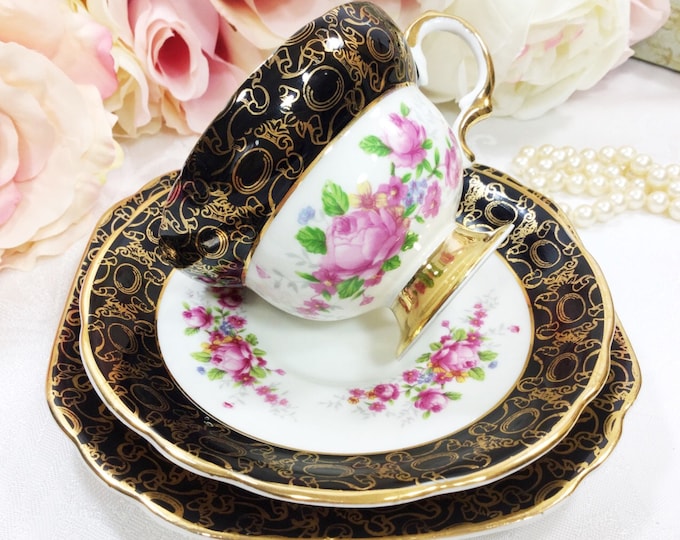 Imperial English Fine Bone China Tea Trio, Black Floral 22kt Gold #A93