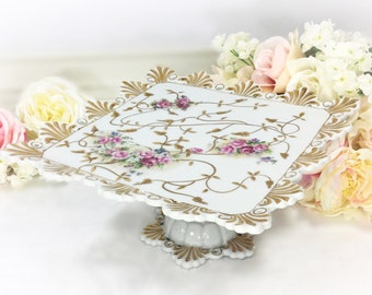 Handpainted French Gilt Floral Pedestal Cake Stand, Floral Cake Plate, Cake Stand For Tea Party, Tea Time, Wedding, Baby Shower, Gift #A276