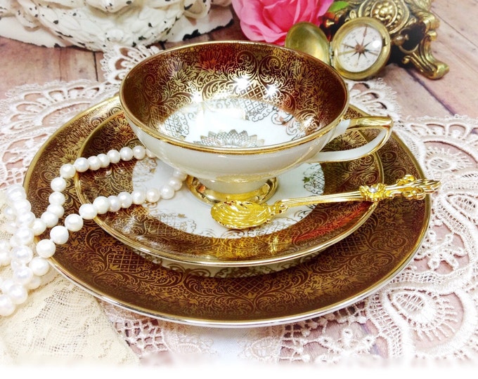 Vintage Winterling Roslau Bavaria Gold Lace Filigree Over Chocolate Tea Trio Teacup Saucer Dessert Plate for Wedding Baby Bridal Shower #191