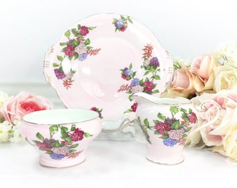 Pink Aynsley Floral Bone China English Open Sugar Bowl, Creamer, & Cake Plate for Tea Set Tea Party, Wedding. English Bone China #A263