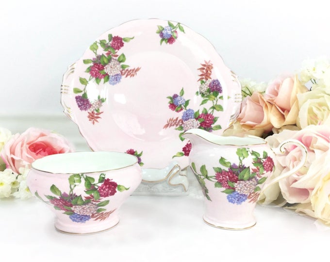 Vintage Aynsley Bone China Tea Set, Pink Floral Sugar Bowl, Creamer & Cake Plate #A263