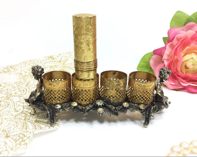 Signed Sam Fink Silver Gold Filigree Mid Century Silver Ormolu Footed Lipstick Organizer, Silver Filigree Brush Holder #A796