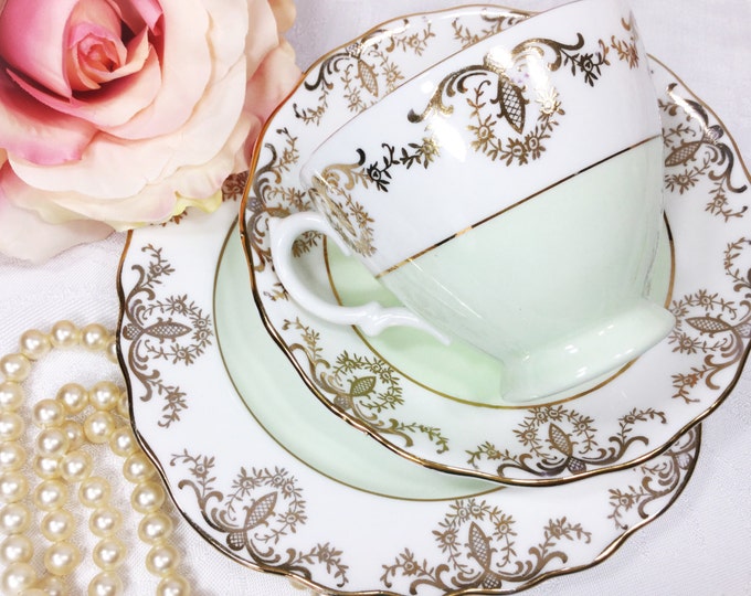 Royal Vale English Tea Trio, Mint Green & Gold Filigree Bone China English Tea Cup, Saucer, Plate For Tea Time, Tea Party, Wedding. #A134