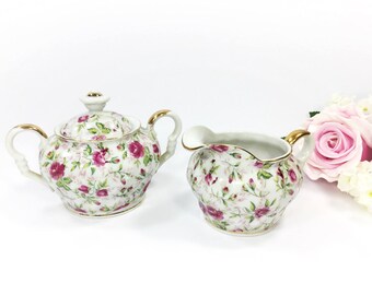 Lefton Rose Sugar & Creamer, Lefton Handpainted Covered Sugar Bowl and Creamer for Tea Set Tea Party #A907