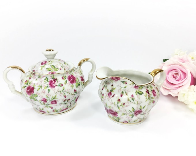 Lefton Rose Chintz Sugar Bowl and Creamer Set, Gold Trim Tea Service #A907