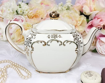 Exquisite Cubed Sadler English Floral Gilt Teapot, English Teapot #917