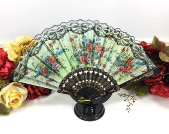 Green Floral Black Spanish Lace Floral Folding Fan For Weddings, Dress up, Bridal Showers, Gift, Tea Party, Tea Time, Church # A368