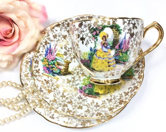 Gold Chintz Crinoline Lady Tea Trio, Garden House Bone China Teaset #A872