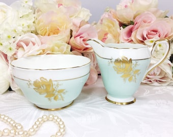 HM Sutherland English Sugar Bowl & Creamer, Powder Blue Sugar Bowl And Creamer, Bone China For Tea Set, Tea Party, Wedding #A133