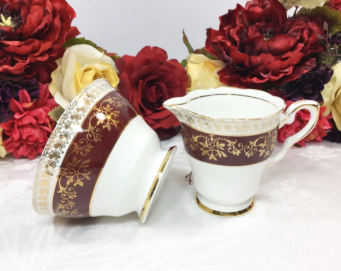 English Royal Stafford Creamer And Sugar Bowl, Burgundy & Gold Filigree Fine Bone China for Tea Set, Tea Party, Wedding, England #A175