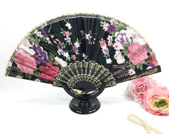 Black Floral Spanish Lace Folding Fan, Gold Trim Accents #A780
