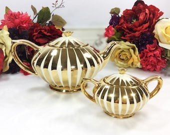 Gold 2 Piece Sadler English Teapot & Covered Sugar Bowl For Tea Time Tea Party, Wedding, English Teapot #A243