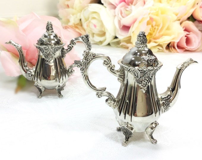 Ornate Godinger Silverplated Teapot Salt and Pepper Shaker, Victorian Tea Time, Dining Table Accessory, Wedding Gift #A241