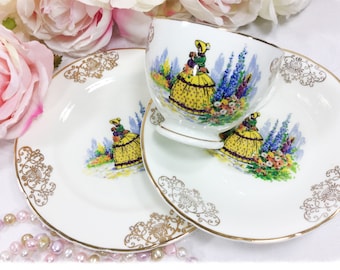 Vintage Crinoline Lady Bone China Tea Set Trio, Gold Filigree England #A217